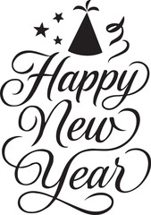 Happy New Year Typography with party icon silhouette vector illustration