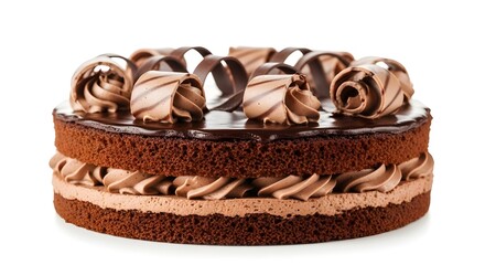Rich Triple-Layer Chocolate Mousse Cake with Glossy Ganache Topping and Decorative Chocolate Swirl Rosettes