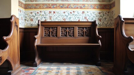 Antique Carved Wood Church Pew.