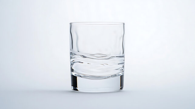 Elegant clear glass filled halfway with water, creating subtle wave patterns, all set against a pristine white backdrop, enhancing the glass's transparency and simplicity.