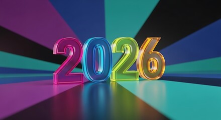 Vibrant 2026 numerals in colorful translucent glass standing on a reflective surface against a bold geometric background with radiating hues