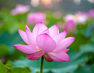 Obraz premium Close-up of a vibrant pink lotus flower in full bloom, surrounded by soft green foliage
