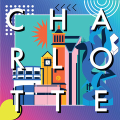 Typography word Charlotte branding technology concept. Collection of flat vector web icons. American culture travel set, Memphis architectures, specialties detailed silhouette. Doodle famous landmarks