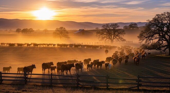 Golden Hour Cattle Drive on a Dusty Ranch Landscape at Sunrise or Sunset