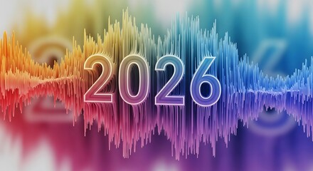 Dynamic 2026 numerals in a stylized three dimensional font set against a vibrant undulating wave pattern of sound or data visualization