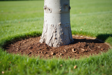 Tree Mulch Landscape – Organic Gardening Technique with Bark and Green Lawn for Ecology, Landscaping Blogs, and Environmental Education