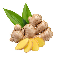 Fresh ginger root with small sliced pieces and green leaves, perfect for spice, herbal, and organic food design. isolated on white or transparent background.PNG format.