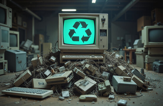 Electronic Waste Pile – Vintage Computers and Broken Tech for Ecology Awareness, Environmental Education, and Sustainable Technology Campaigns