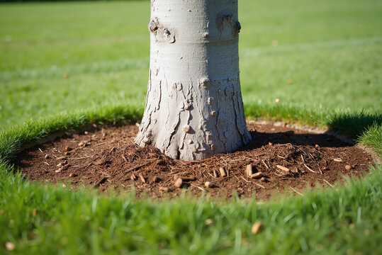 Tree Mulch Landscape &ndash; Organic Gardening Technique with Bark and Green Lawn for Ecology, Landscaping Blogs, and Environmental Education