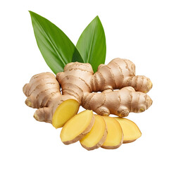 Fresh ginger root with small sliced pieces and green leaves, perfect for spice, herbal, and organic food design. isolated on white or transparent background.PNG format.