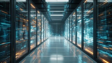 Digital information flows through the network and data servers behind glass panels in the server room of a data center or Internet service provider  - Powered by Adobe