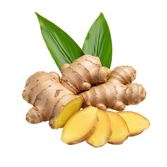 Fresh ginger root with small sliced pieces and green leaves, perfect for spice, herbal, and organic food design. isolated on white or transparent background.PNG format.