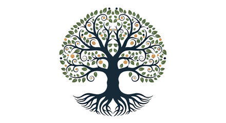 A stylized tree illustration with a round canopy, roots, leaves, fruit on a white background