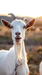 Obraz premium Close-up of a white goat with open mouth, beard, and horns against sunset background