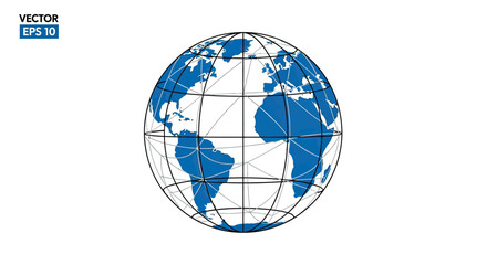 A blue and white 3D vector illustration of Earth with a grid overlay