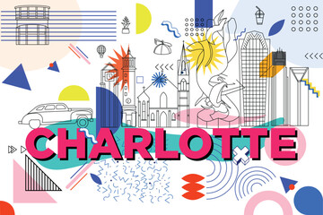 Typography word Charlotte branding technology concept. Collection of flat vector web icons. American culture travel set, Memphis architectures, specialties detailed silhouette. Doodle famous landmarks
