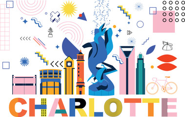 Typography word Charlotte branding technology concept. Collection of flat vector web icons. American culture travel set, Memphis architectures, specialties detailed silhouette. Doodle famous landmarks