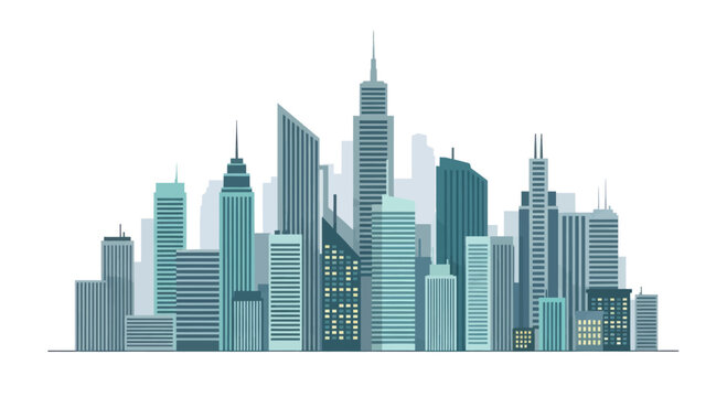 A stylized vector illustration of a city skyline with skyscrapers and various building designs
