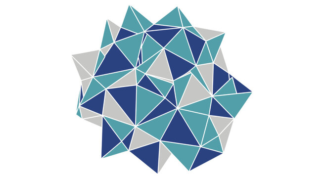Abstract geometric form in turquoise, navy, and gray triangles with white outlines, on white