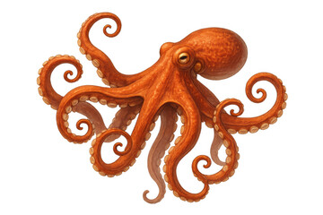 Orange octopus creating dynamic movement with curled tentacles and suction cups, a marine animal on transparent background
