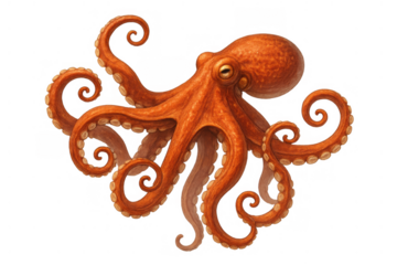 Orange octopus creating dynamic movement with curled tentacles and suction cups, a marine animal on transparent background