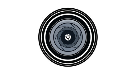 A central camera aperture design with spiral detail inside, encircled by rings