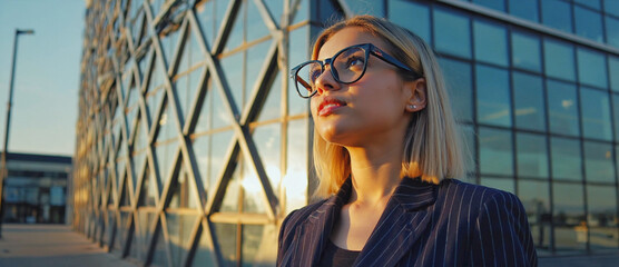 Visionary's Ascent: A determined female professional, wearing sophisticated eyewear, gazes upwards, her ambition mirrored in the modern architectural facade behind her.