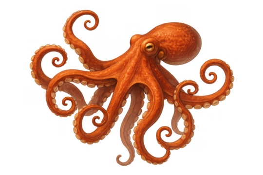 Orange octopus creating dynamic movement with curled tentacles and suction cups, a marine animal on transparent background