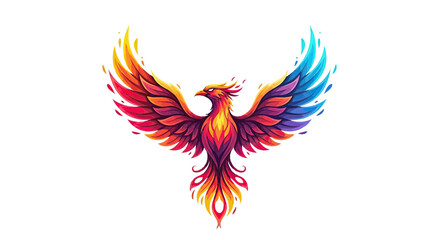 Colorful, stylized illustration of a phoenix spreading its wings, a vibrant bird on white