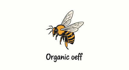 A stylized illustration of a bee with a striped abdomen, text 