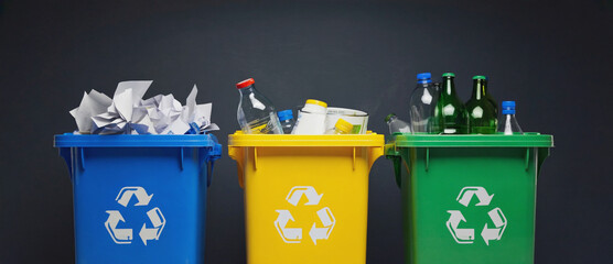 Sorting Success: A trio of vibrant recycling bins, each designated for glass, paper and plastic. The containers, overflowing with discarded items, stand as silent sentinels.