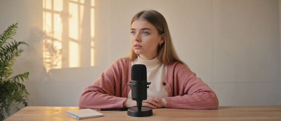 Podcast Scene: A young woman sits attentively before a microphone, poised for conversation, exuding an air of anticipation and focus, as a notepad sits within reach.