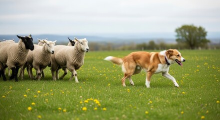 Obraz premium Herding Sheep: A diligent sheepdog masterfully guides a flock of sheep across a verdant pasture, showcasing the harmonious partnership between animal and environment.