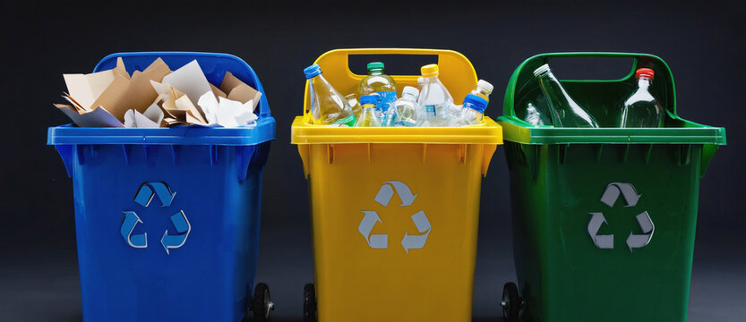 Recycling Bins in a Row: A visually engaging arrangement of colorful recycling bins, each designated for a specific material – paper, plastic.