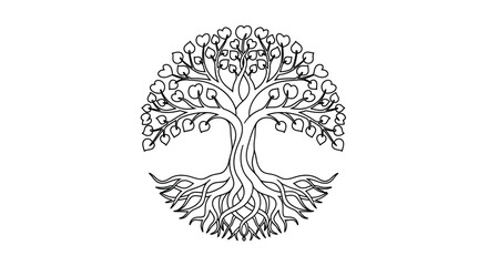 A black and white illustration of a tree with heart-shaped leaves and intertwined roots