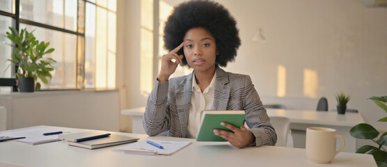 Office Thought: A focused individual in a modern office, deep in thought, reviewing notes with a neutral and concentrated gaze.