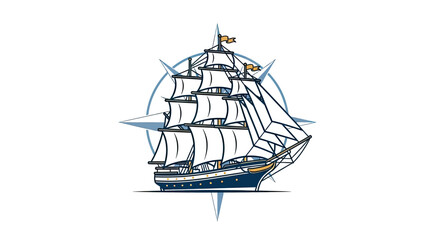 A navy ship graphic with billowing white sails and gold accents, inside a compass rose