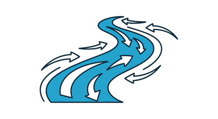 Abstract image of a blue river with flowing white arrows in a graphic design style