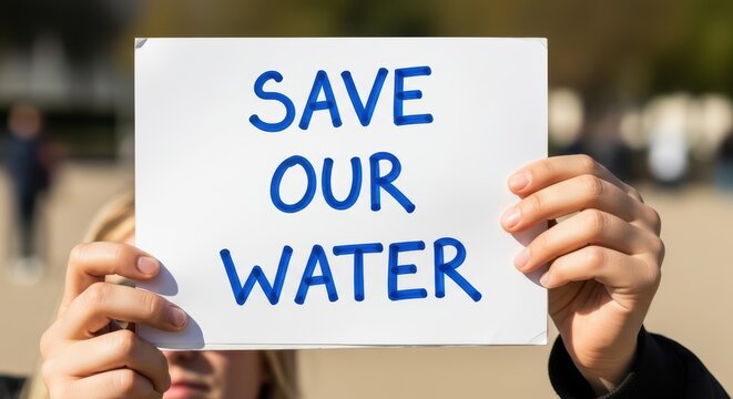 Save our water campaign: hands holding a sign for environmental conservation - Powered by Adobe