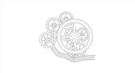 Mechanical gear system illustration in grayscale, intricately rendered, and depicted on a white background