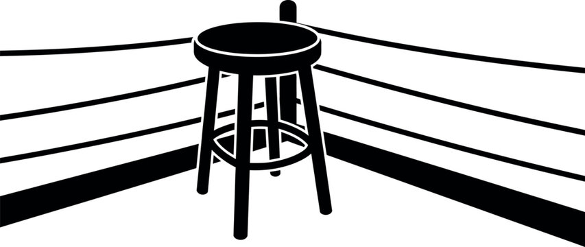 A solitary black stool sits in the corner of an empty boxing ring with white ropes