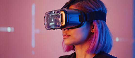 Immersive VR Experience: A woman embraces virtual reality, wearing a sleek VR headset, and fully engaged in an experience that transcends the physical world.