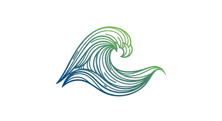 A stylized wave is depicted using green and blue line art on a white background