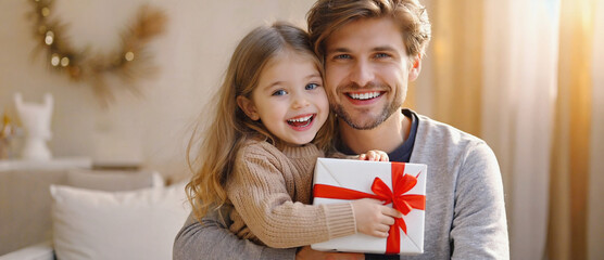 Joyful bond of father and daughter: A father and daughter sharing a precious moment, embracing the warmth of love as they share a thoughtful gift. The scene radiates joy.