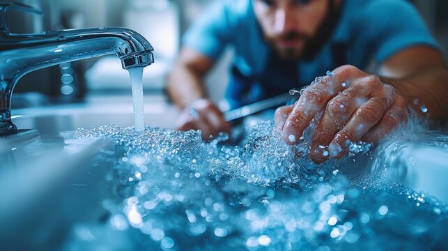 A focused individual works diligently on plumbing repairs as water splashes in a contemporary kitchen atmosphere
