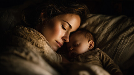 Realistic emotional moment showing postpartum mother resting beside her newborn, symbolizing tenderness, exhaustion, and deep love in early motherhood.