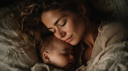 Realistic emotional moment showing postpartum mother resting beside her newborn, symbolizing tenderness, exhaustion, and deep love in early motherhood.
