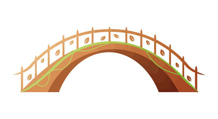 Simple, stylized wooden bridge with a curved arch, leaves, and vine accents