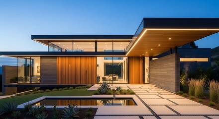 Modern Luxury Home Exterior at Dusk Contemporary Architecture  Design.