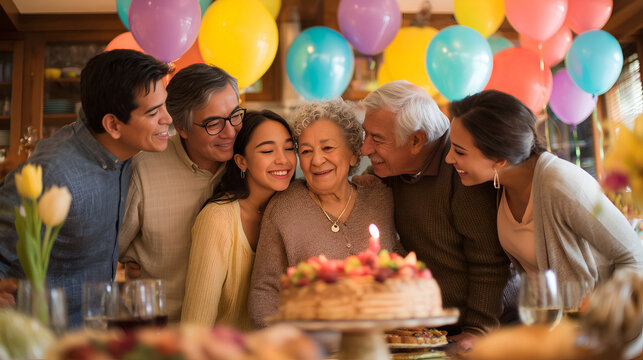 Candid, joyful moment of a multigenerational Hispanic family celebrating a birthday together. Authentic family photography filled with color, warmth, and connection.
